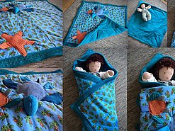 Einschlagdecke für Babys oder mit Schildkröten-Motiv, orangefarbenem Seestern-Applikation