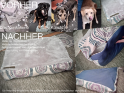Collage recyceltes Hundebett vor und nacher